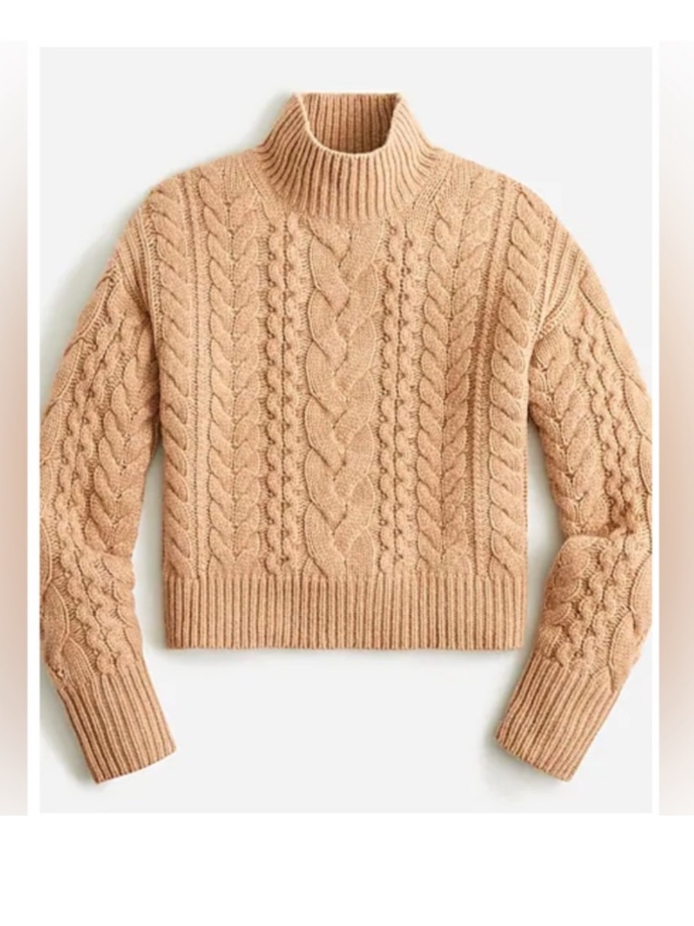 NWT Jcrew 100% Cashmere‎ cropped cable-knit turtleneck sweater camel tan size M